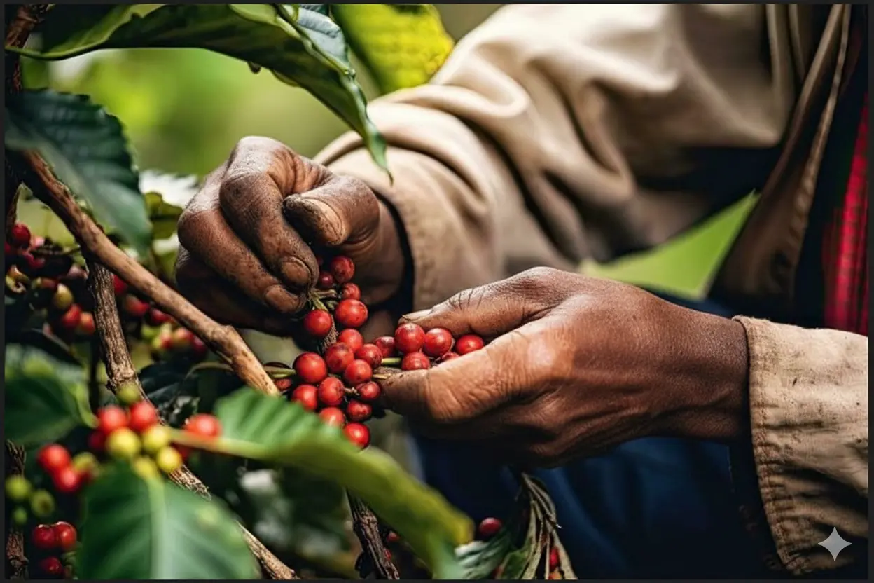 Hands harvesting ripe red coffee cherries from a tree